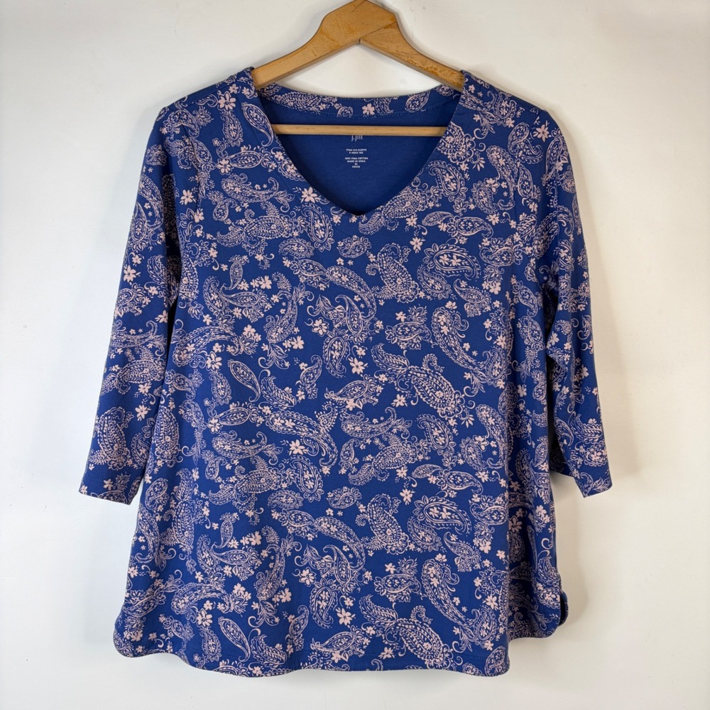 J. Jill V-Neck Tee Women XL Petite Blue Paisley 3/4 Sleeve Pima Cotton Top